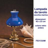 Lampada da tavolo in ottone massiccio stile vecchia marina con vetro colore ambra dimensioni 37x23 cm