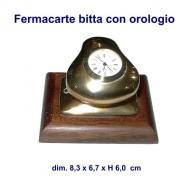 Fermacarte bitta in ottone con orologio, base in legno dim. 8,3 x 6,7 x H 6,0 cm