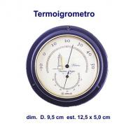 Termoigrometro, cassa marina fissa in ottone verniciato blu, dim. D 9,5 cm est. 12,5 x 5,0 cm