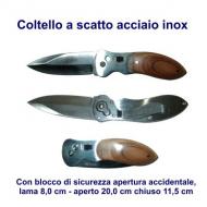 Coltello a scatto acciaio inox, finitura legno sul manico, molla per aggancio alla cintura. lama 8,0 cm aperto 20,0 cm chiuso 11,5 cm