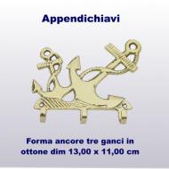 Appendichiavi in ottone, 3 ganci fissaggio a parete dim. 13,00 x 11,00 cm