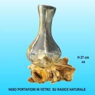 Vaso in vetro soffiato su radice in legno naturale H 27 cm ca