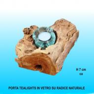 Porta tealigts in vetro soffiato su radice in legno naturale H 7 cm ca